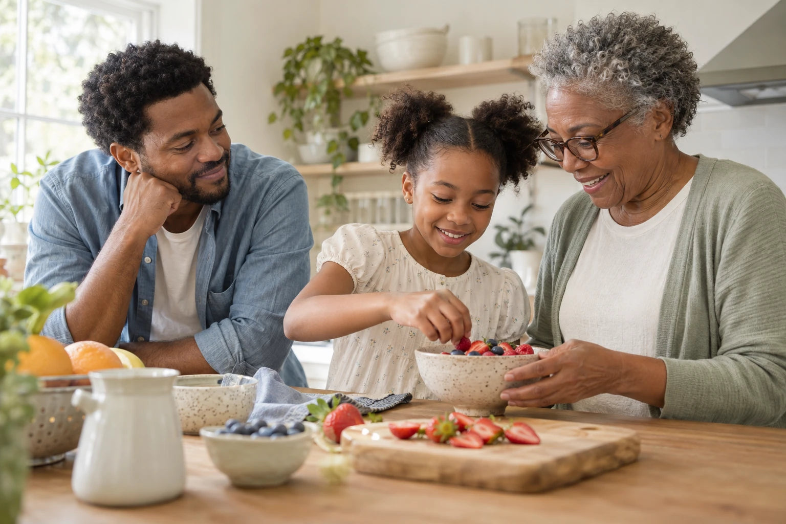 A grandmother, father and daughter preparing fruit together