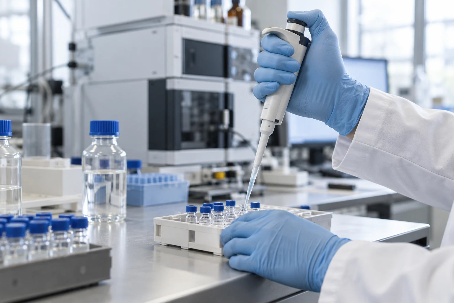 A lab technician pipetting samples into vials
