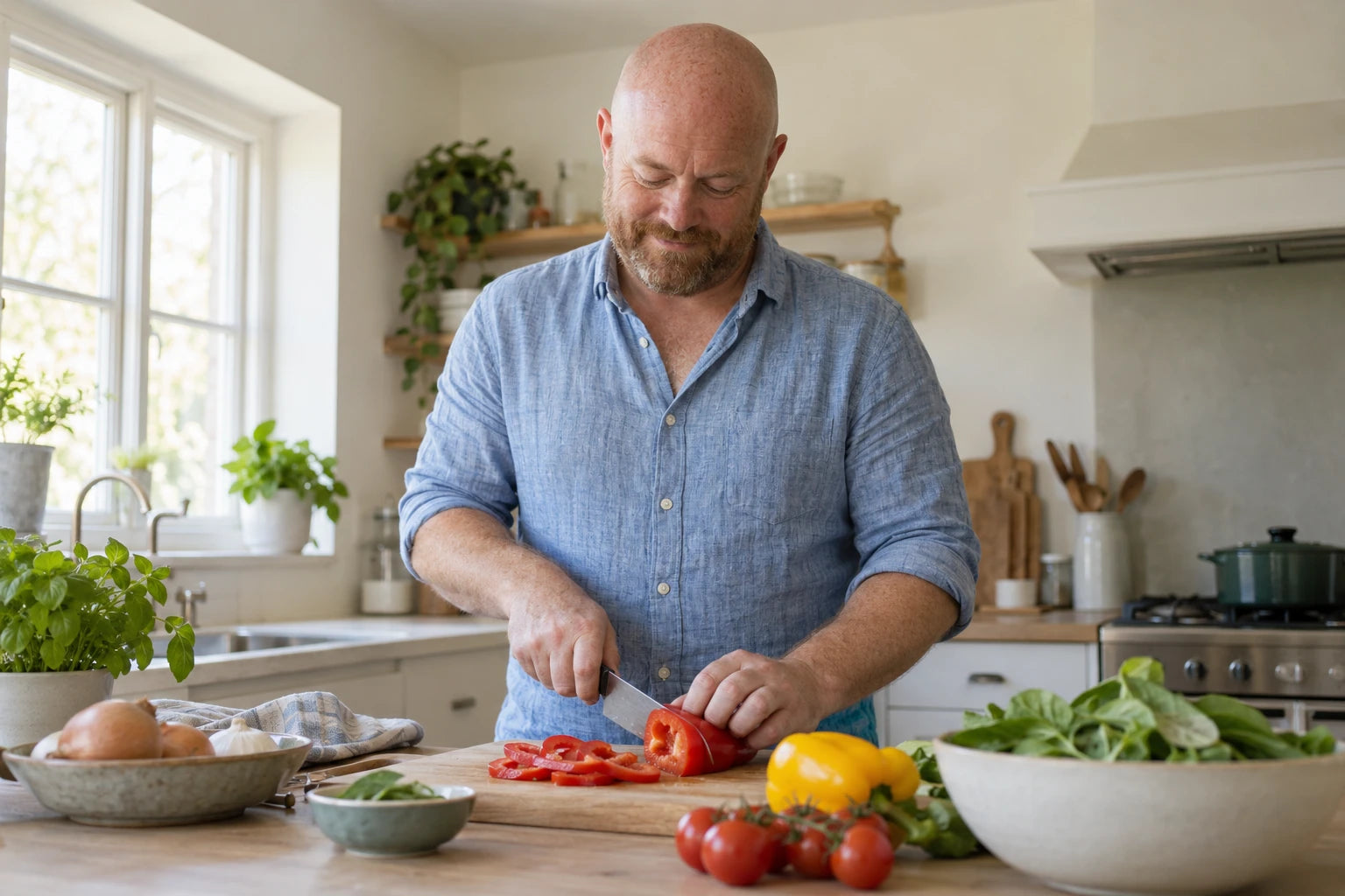 A man preparing fresh vegetables in his kitchen