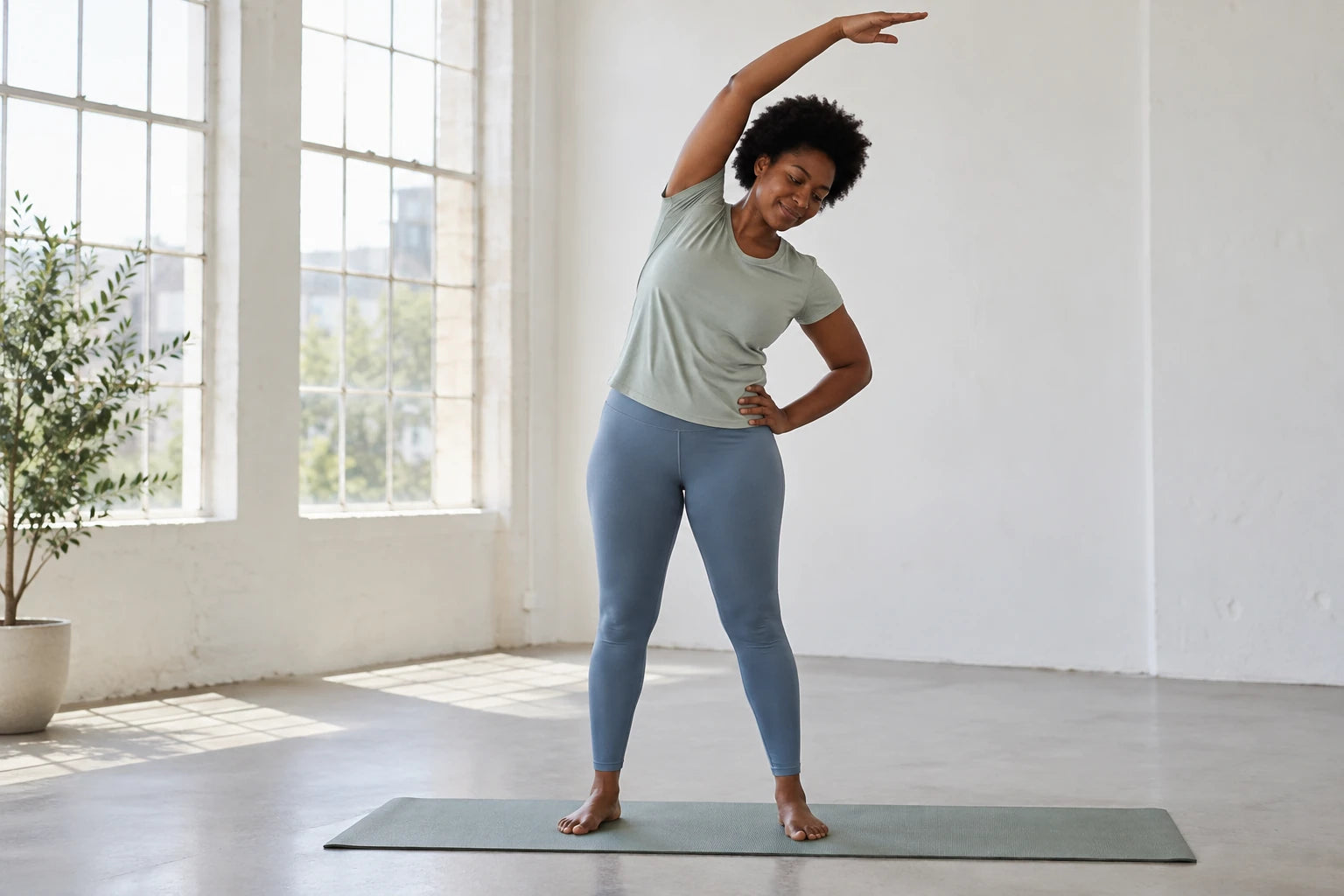A woman stretching gently in a bright exercise studio