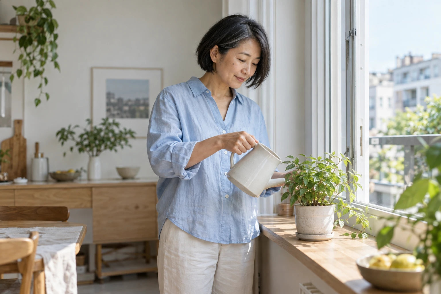 An adult woman watering a plant in a bright kitchen