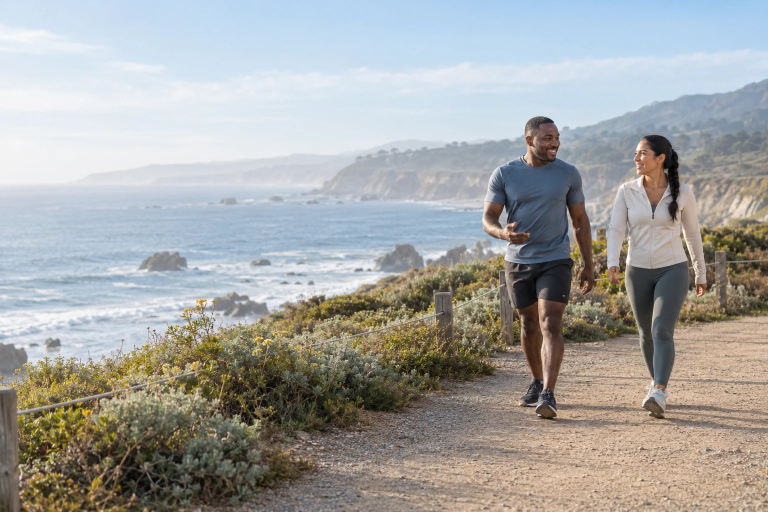 Two friends enjoying a morning walk along a coastal path