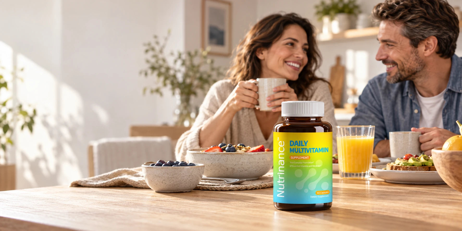 Two adults sharing breakfast, with Daily Multivitamin standing on the breakfast table