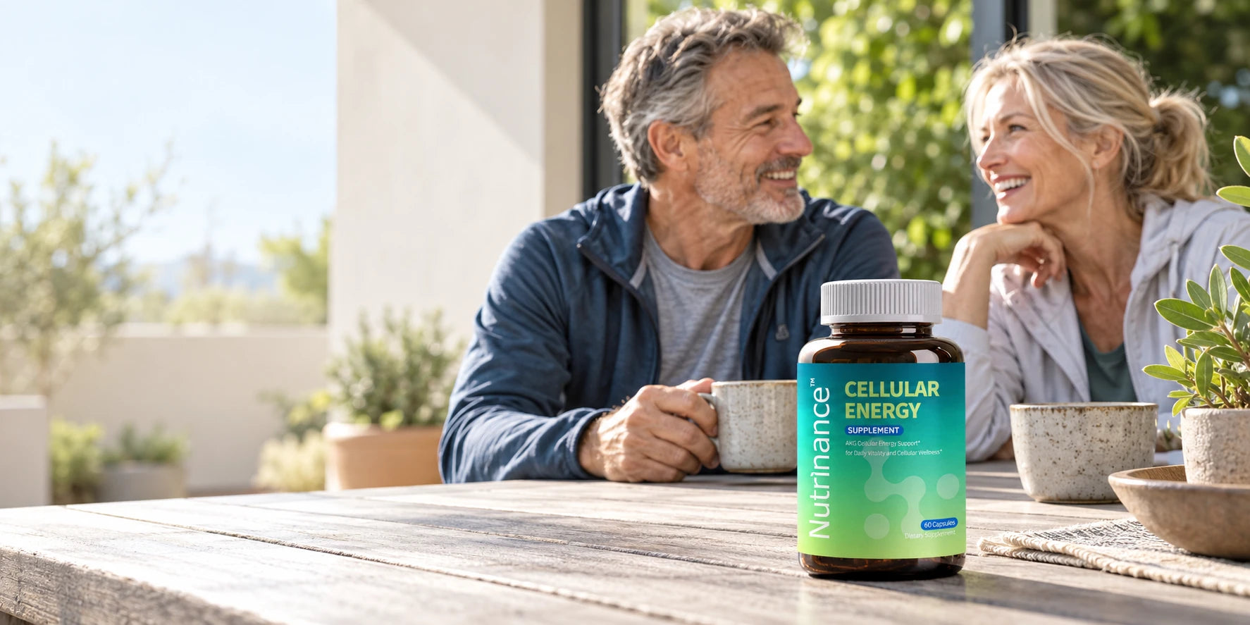 A mature couple on a garden terrace, with Cellular Energy standing on the table