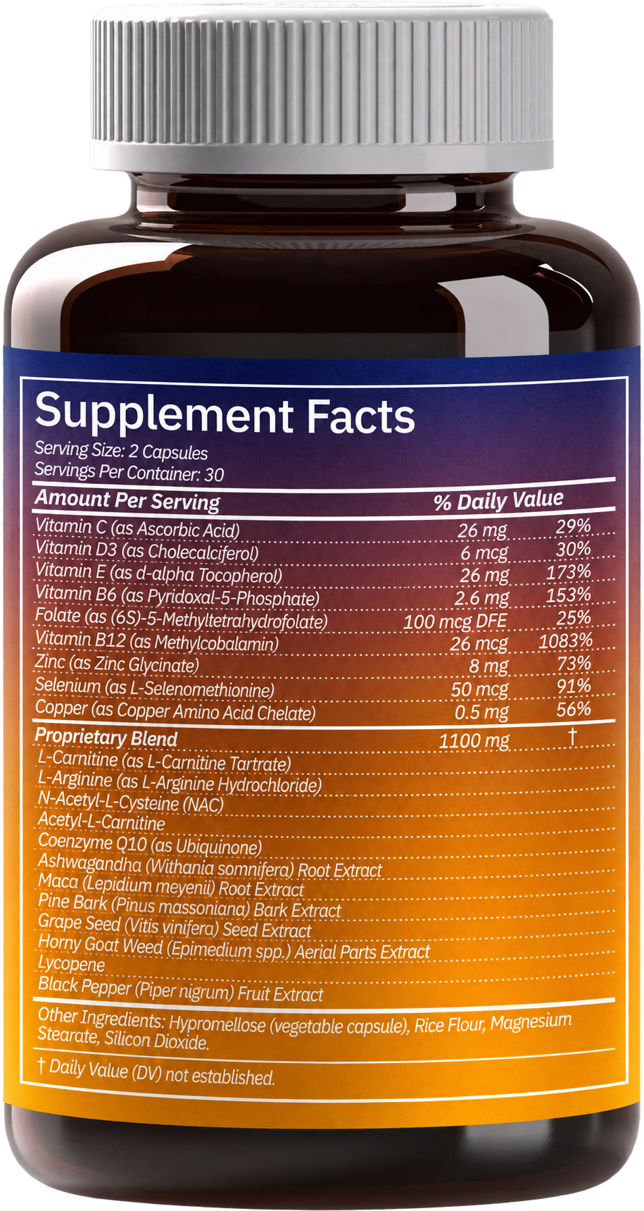 Men’s Energy full Supplement Facts and directions label