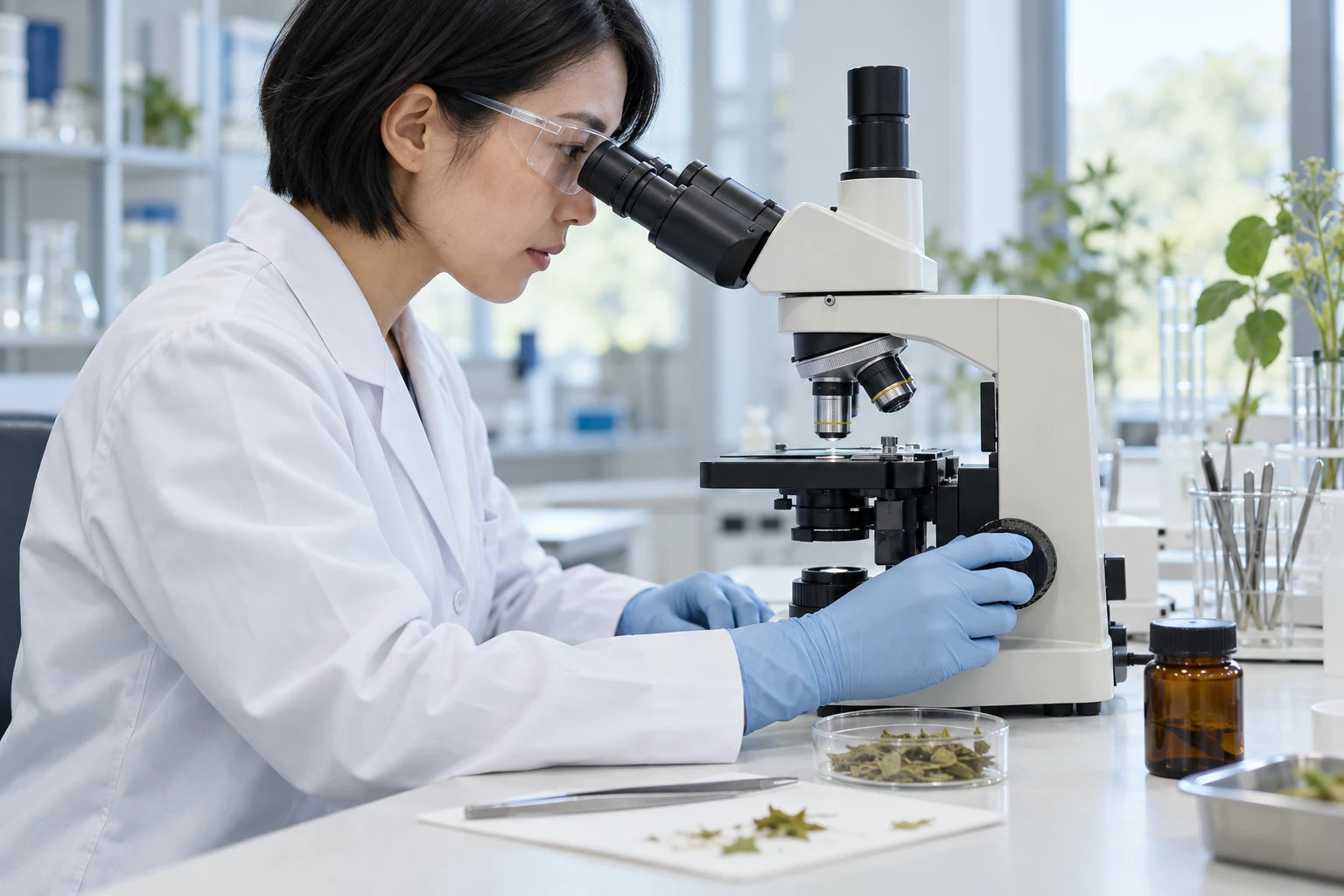 A scientist examining a botanical sample under a microscope