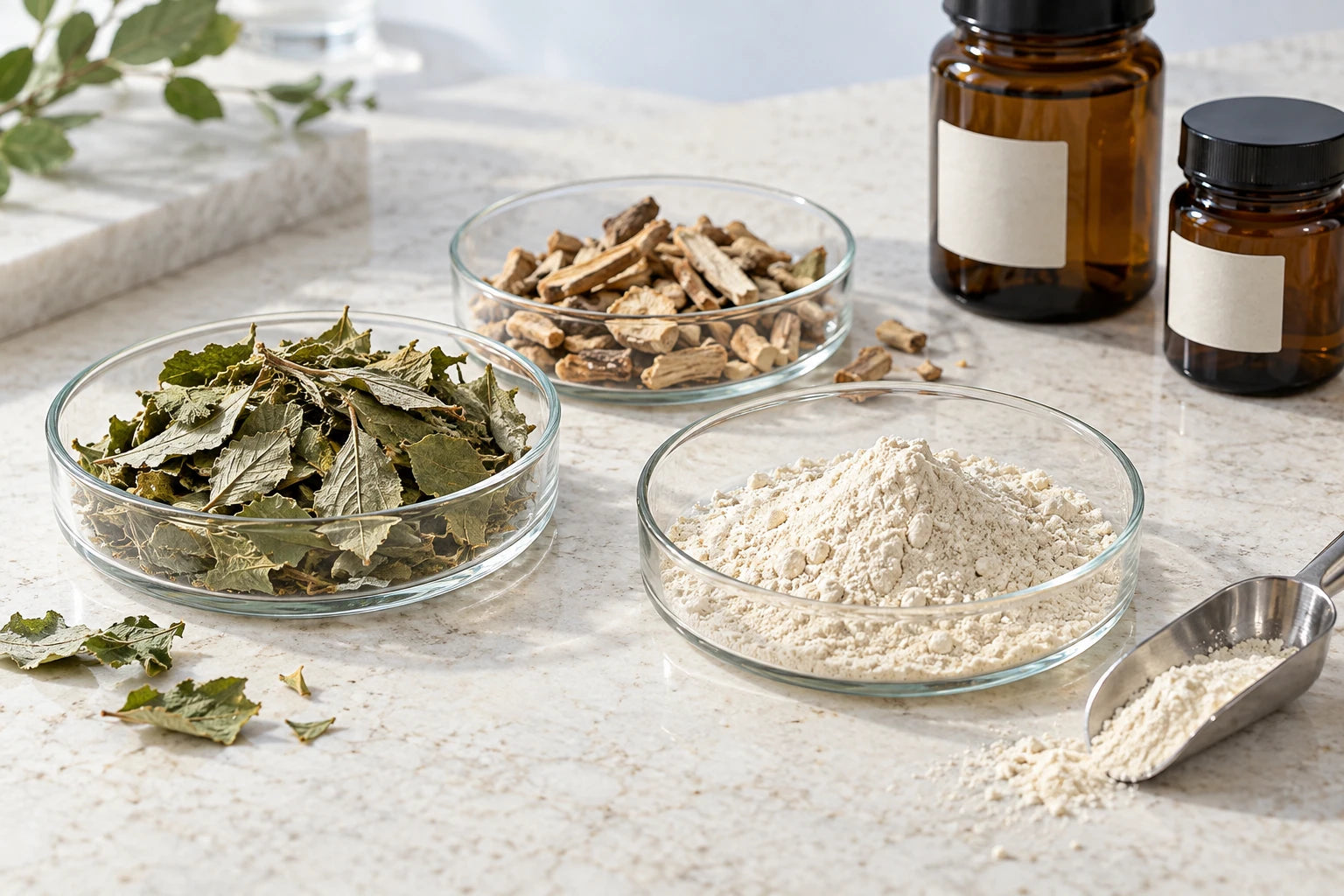 Botanical and powdered ingredients in glass dishes