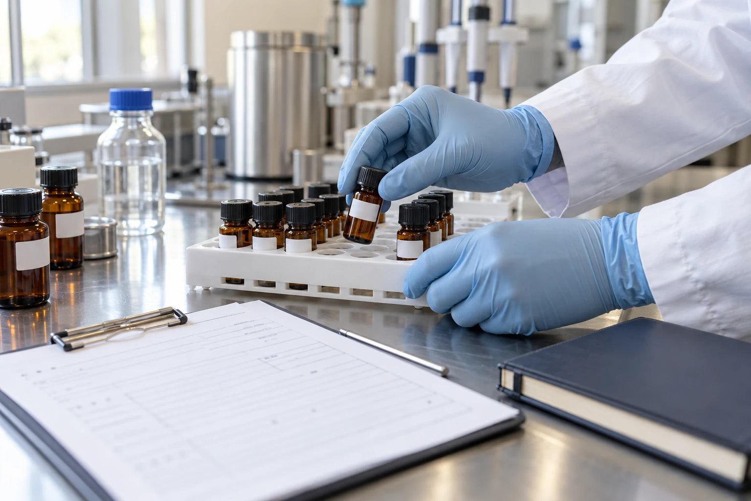 Sample vials and a batch record on a lab bench